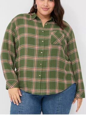 Lane Bryant button-down crinkle plaid shirt, long-sleeve